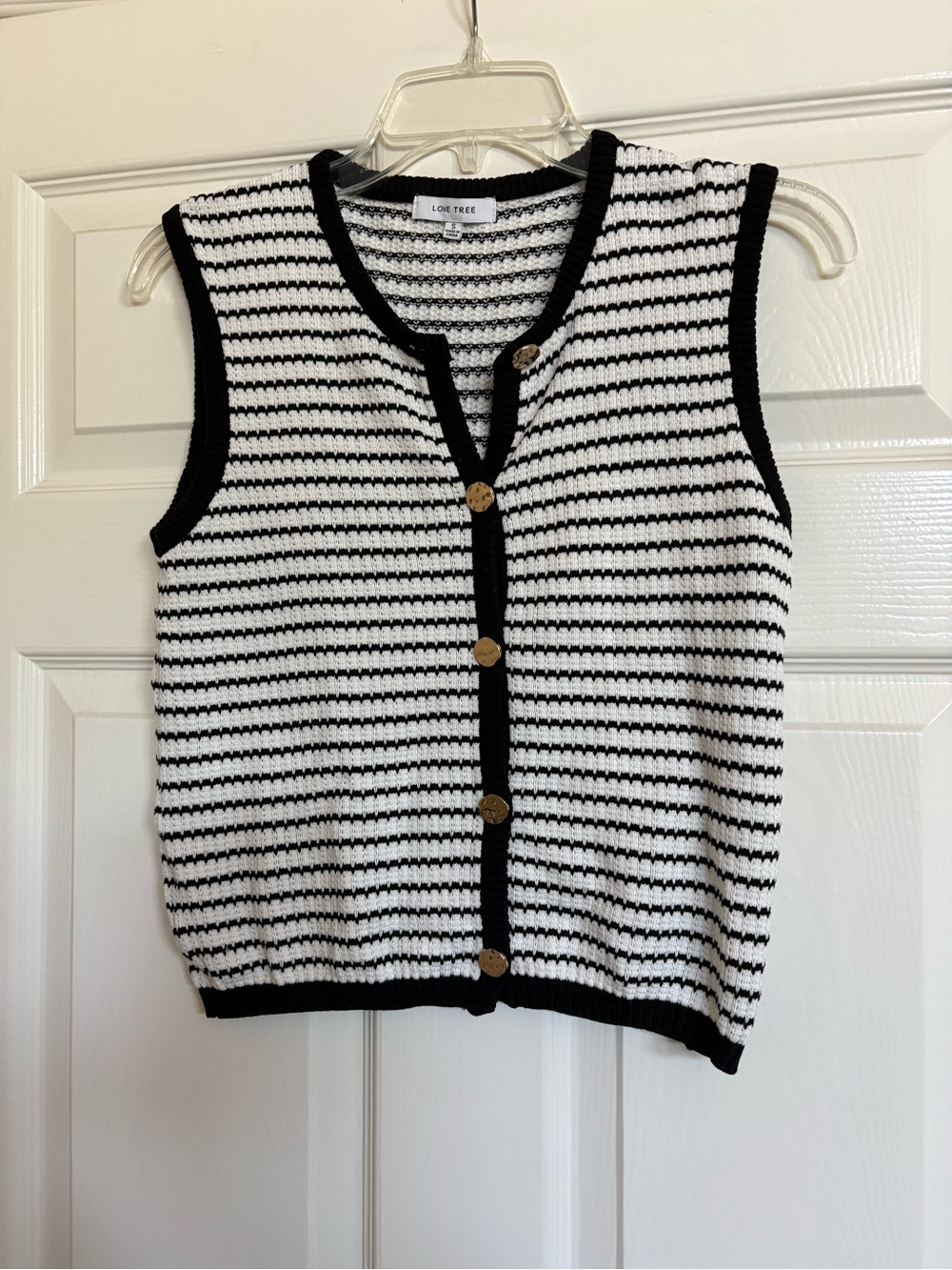 Love Tree Black and White Button Up Striped Sleeveless Knit Cardigan Vest Sz S